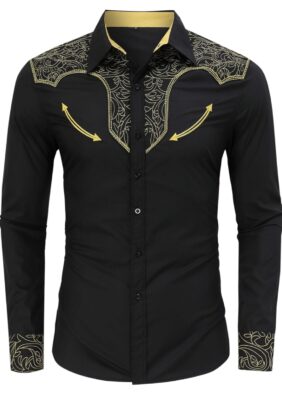 Men's Western Cowboy Shirt Embroidered Long Sleeve Slim Fit Casual Button Down Hippie Shirts