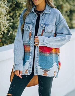 Aztec Button Down Denim Jacket Oversized Distressed Shacket